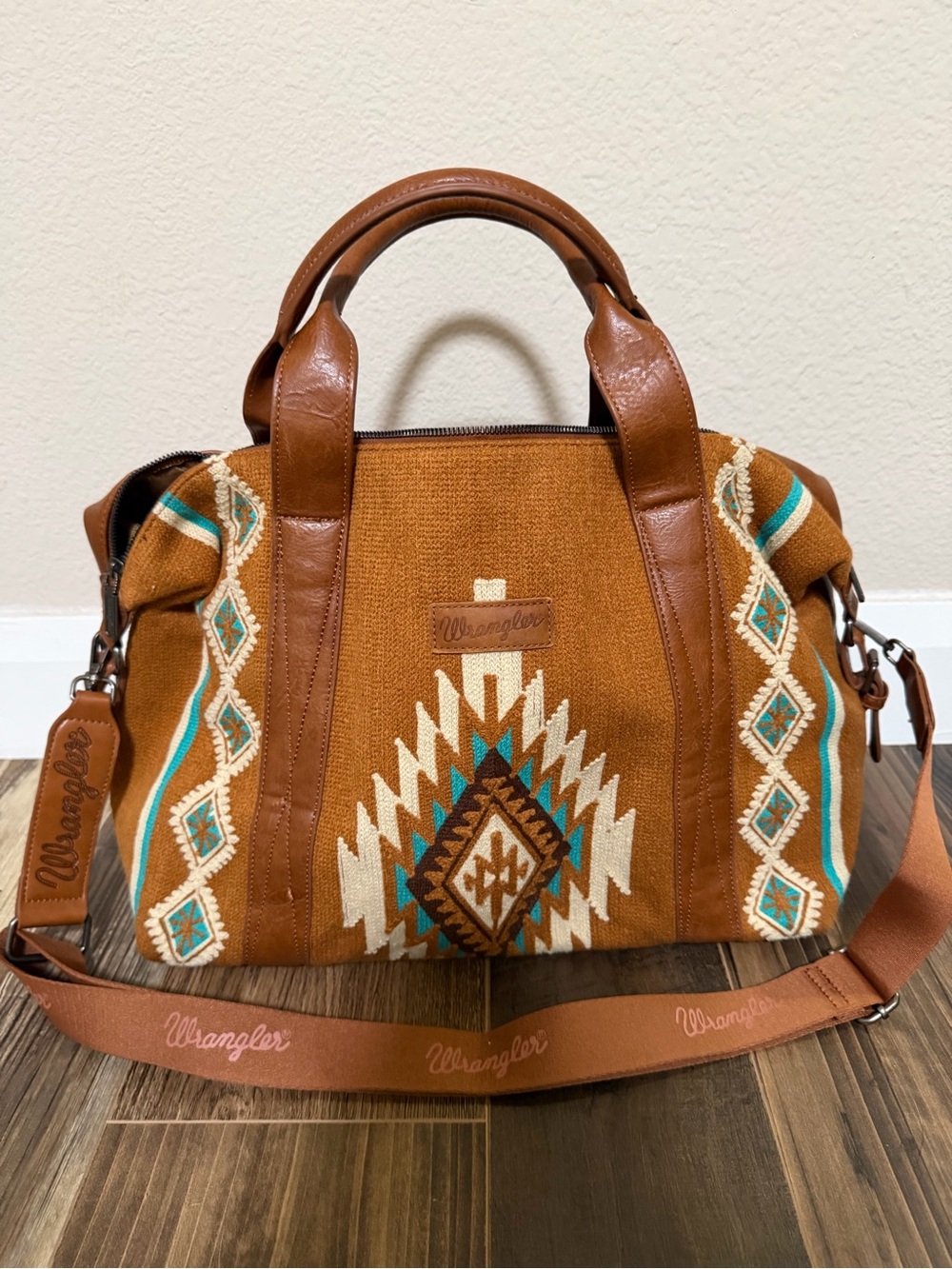 Wrangler Western Aztec Tapestry Weekender Duffel Bag Brown Turquoise